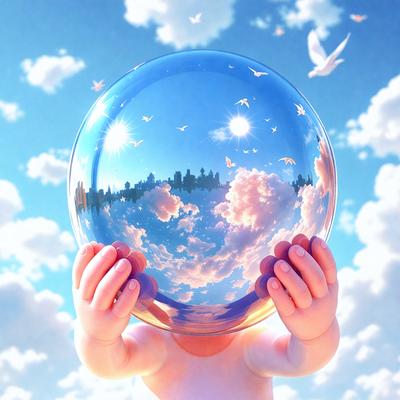 The primary subject of the image is a baby holding a large, reflective glass ball. The setting is a cloudy sky, and the visual style appears to be a digital art or illustration. The colors in the image are predominantly white and blue, creating a calm and serene atmosphere.